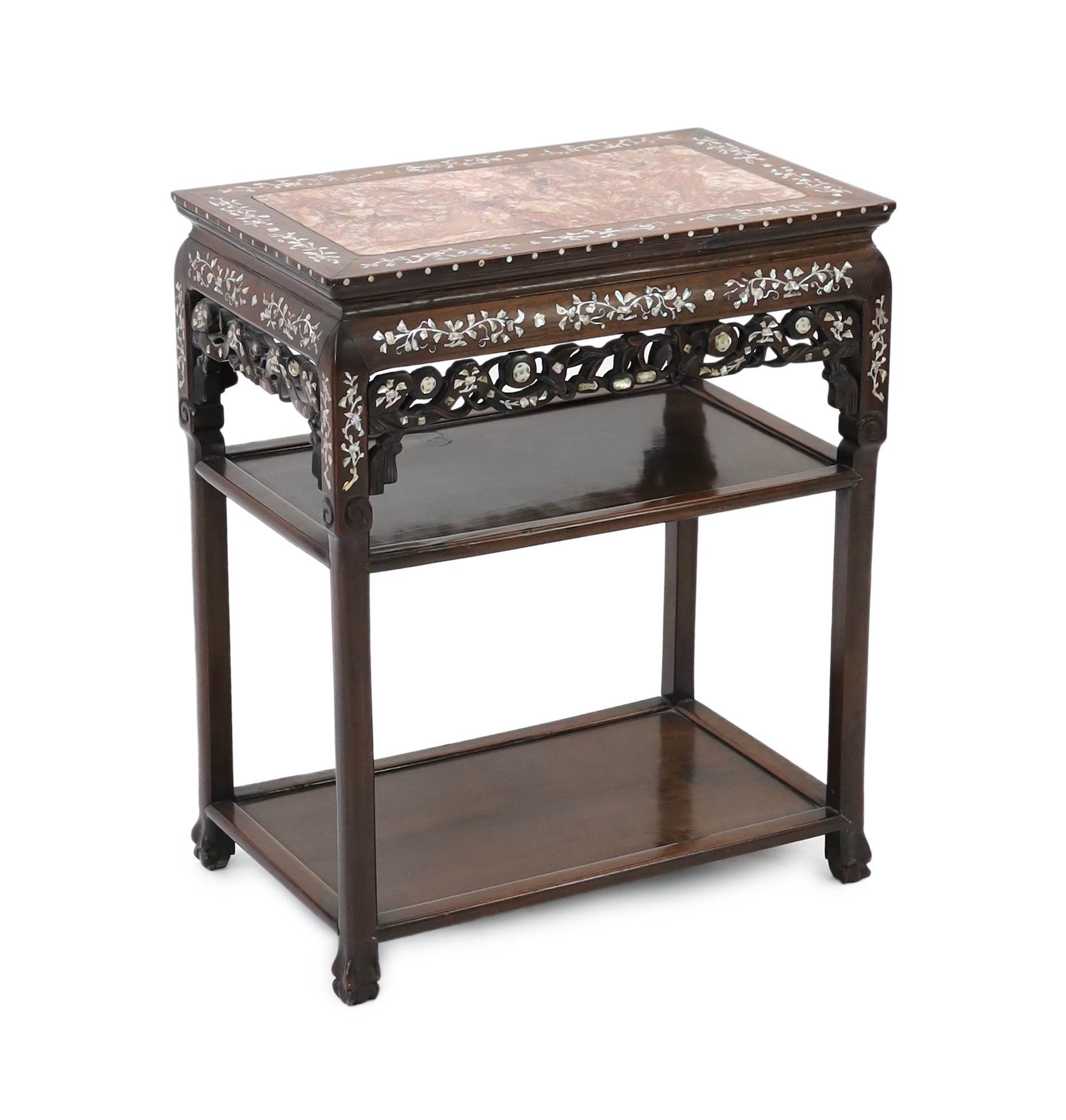 A late 19th century Chinese inlaid mother of pearl hongmu three tier table, 65cm wide, 40cm deep, 77.5cm high